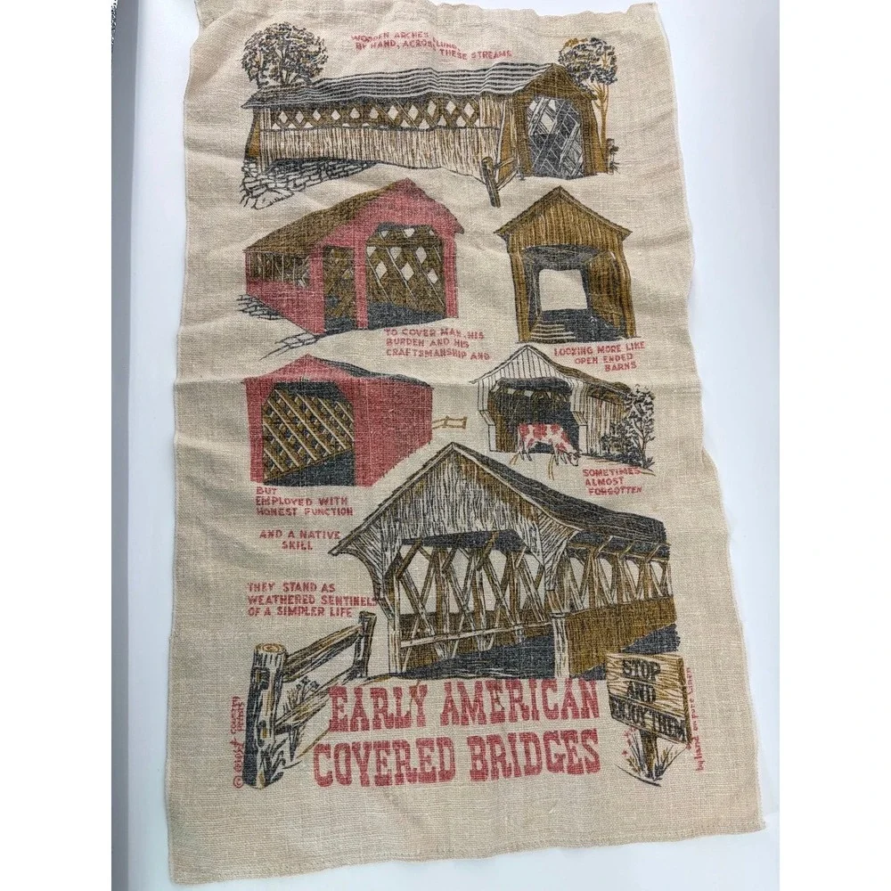 Vintage Covered Bridges Kitchen Tea Towel Linen,
